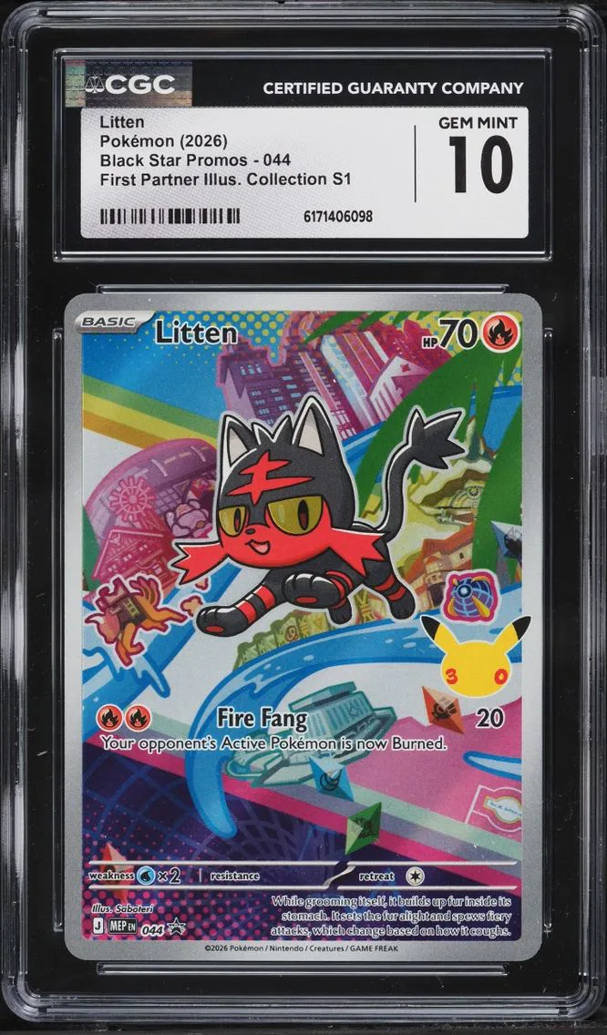 2026 Pokemon Mega Evolution Promo First Partner Illustration S1 Full Art Litten #44 CGC 10 GEM