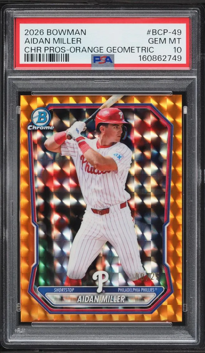 2026 Bowman Chrome Orange Geometric Aidan Miller PROSPECT /25 #BCP-49 PSA 10 GEM MINT