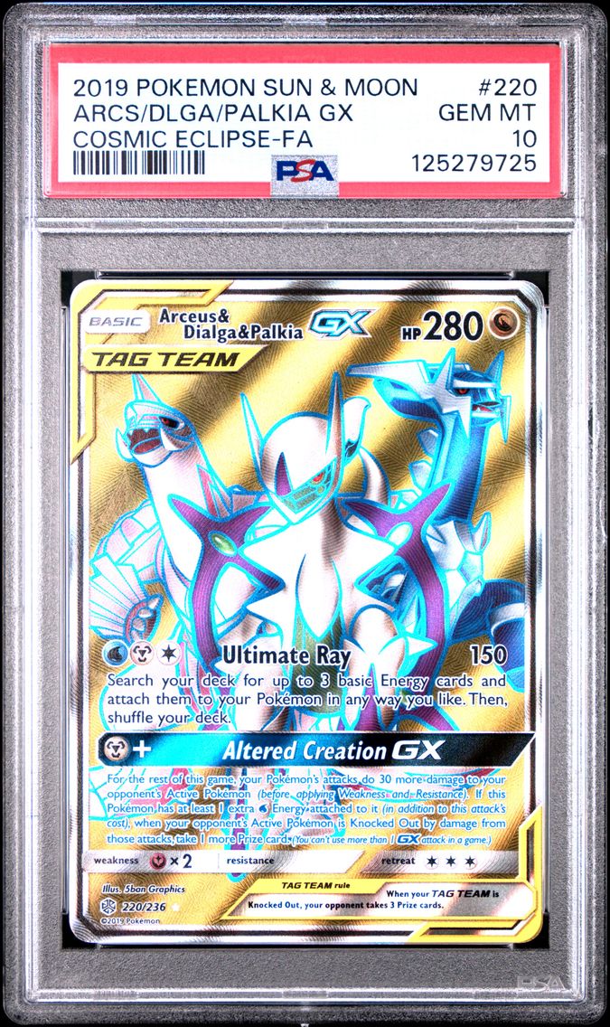 2019 #220 Full Art/Arceus & Dialga & Palkia GX PSA 10 Sun & Moon Cosmic Eclipse Pokemon