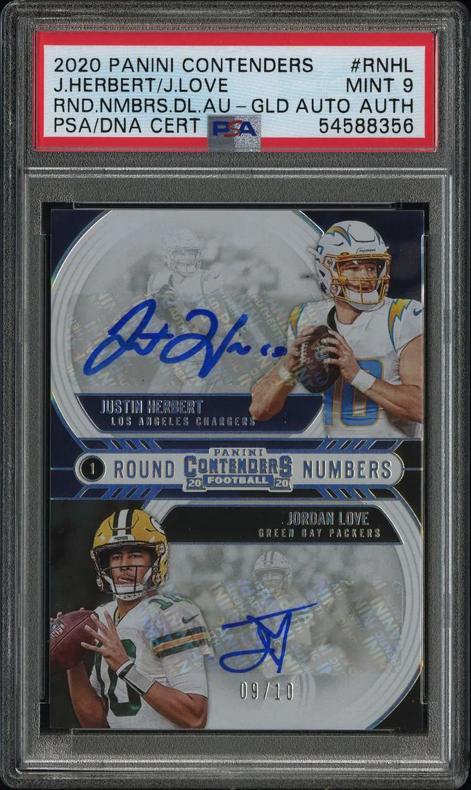 2020 #RNHL Jordan Love/Justin Herbert PSA 9 Panini Contenders Round Numbers Dual Autographs