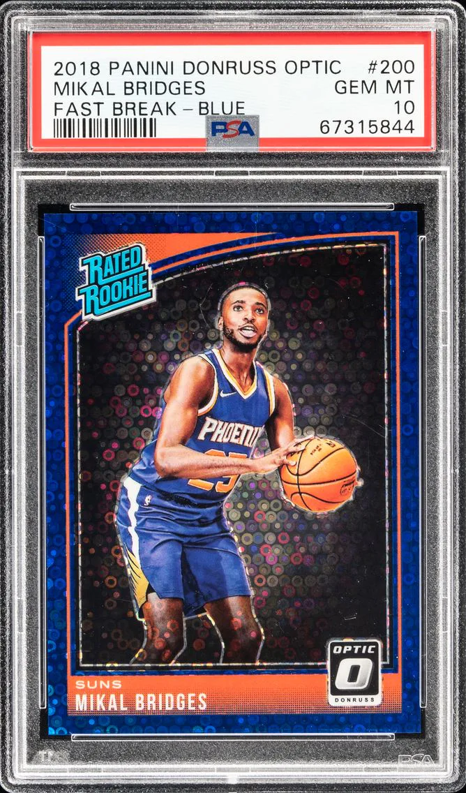 2018 #200 MIKAL BRIDGES PSA 10 PANINI DONRUSS OPTIC | FAST BREAK-BLUE [#9/50]