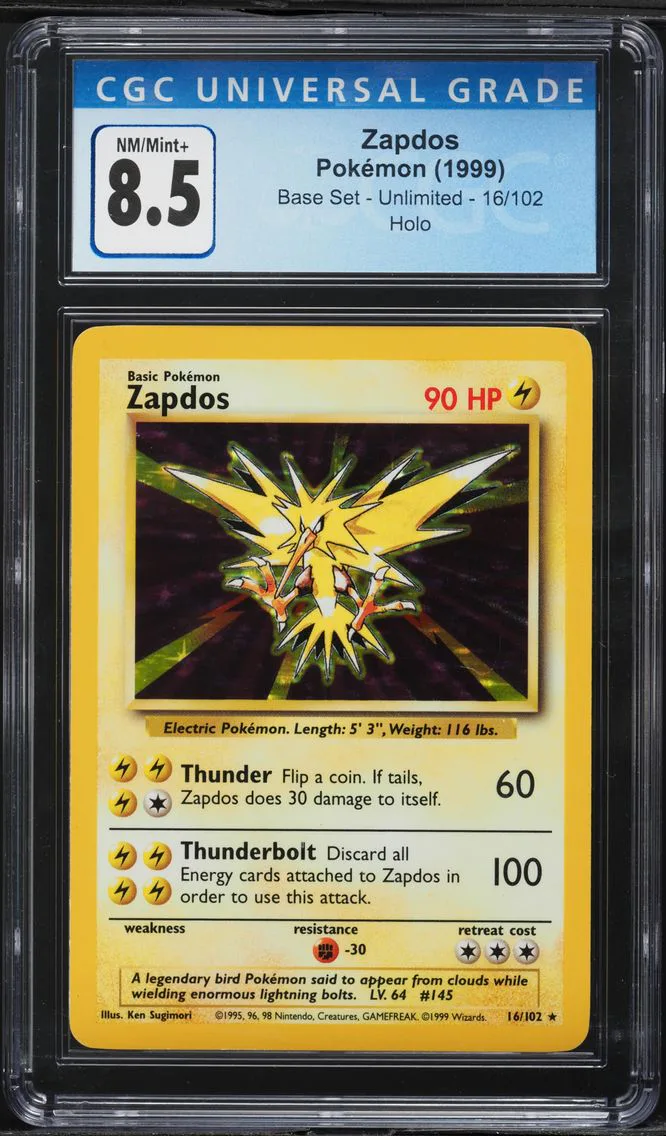 1999 Base Set - Unlimited - English Zapdos-Holo #16 CGC 8.5