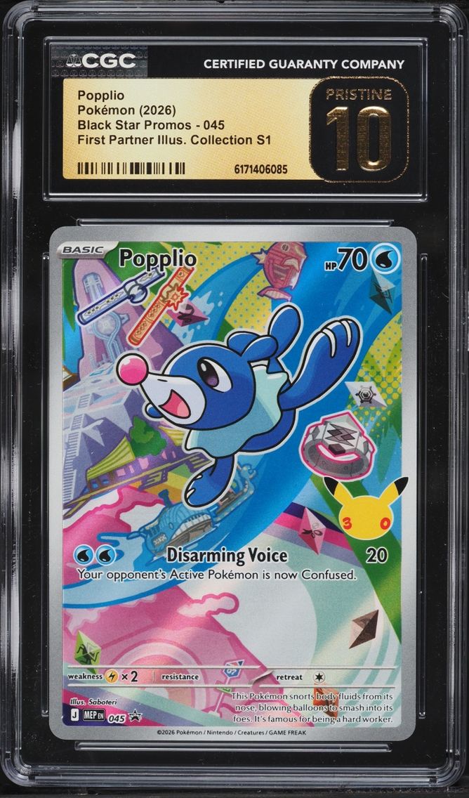 2026 Pokemon Mega Promo First Partner Illustration S1 Full Art Popplio #45 CGC 10 PRISTINE