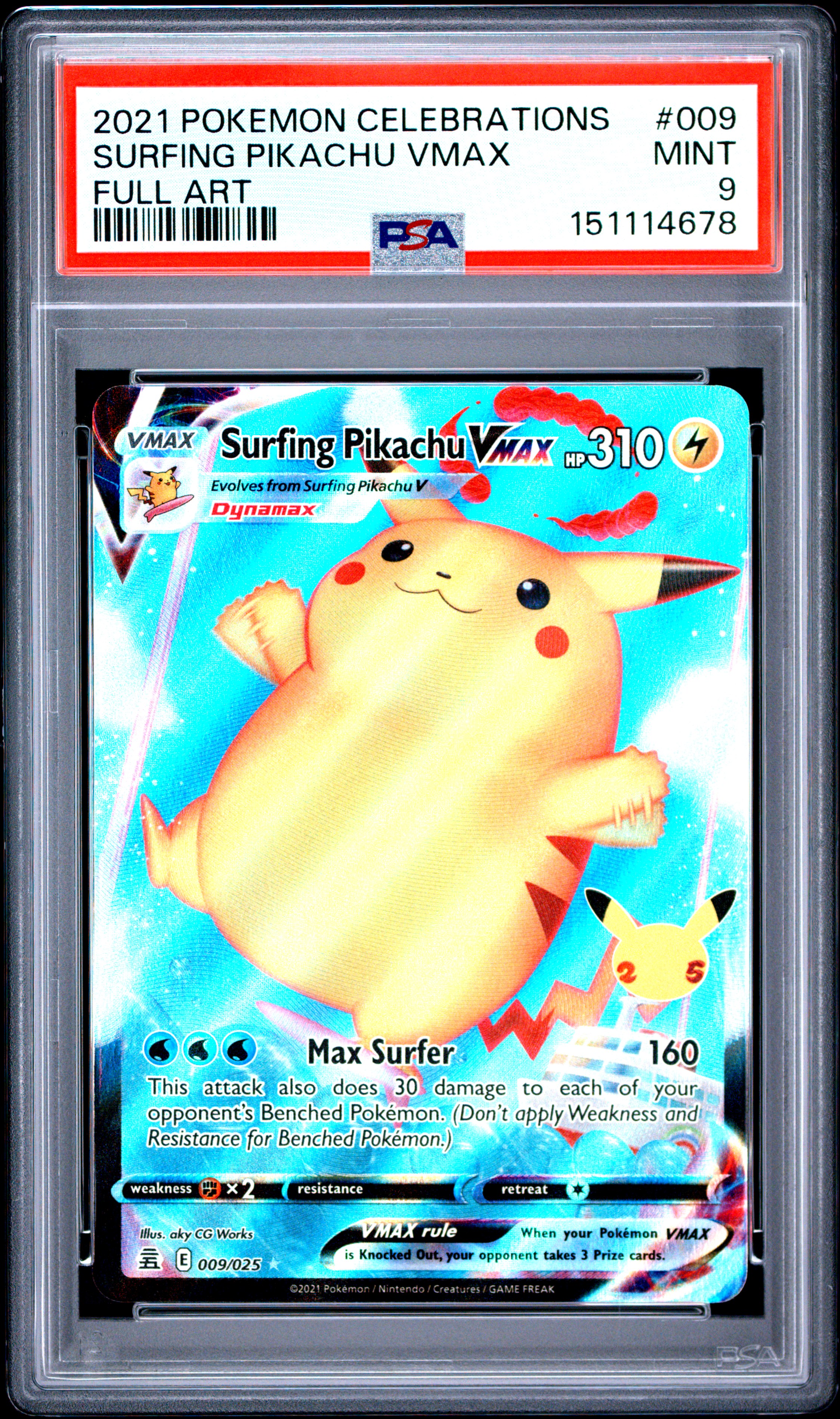 2021 #009 Full Art/Surfing Pikachu Vmax PSA 9 Celebrations