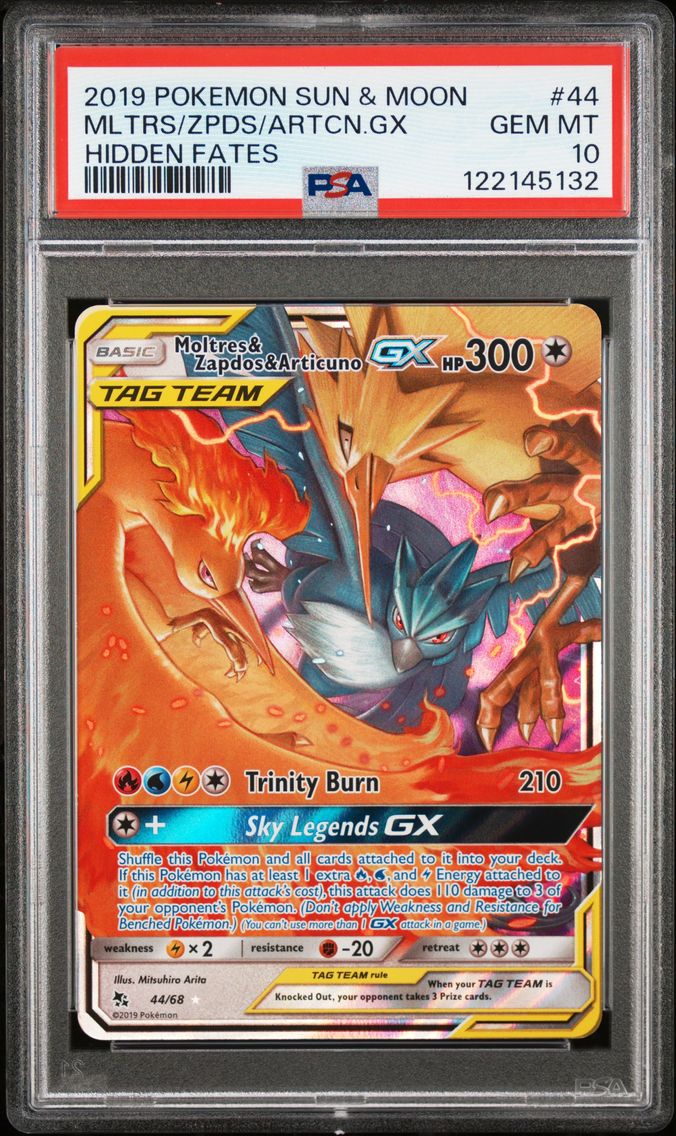 2019 #44 Moltres & Zapdos & Articuno GX PSA 10 Sun & Moon Hidden Fates Pokemon
