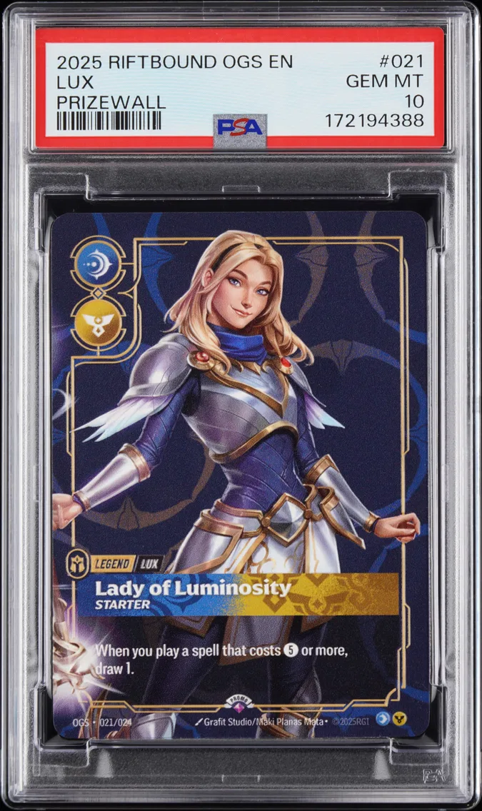 2025 #021 Lux - Lady of Luminosity PSA 10 Riftbound: League of Legends Ogs-Origins Proving Grounds Plated Legends