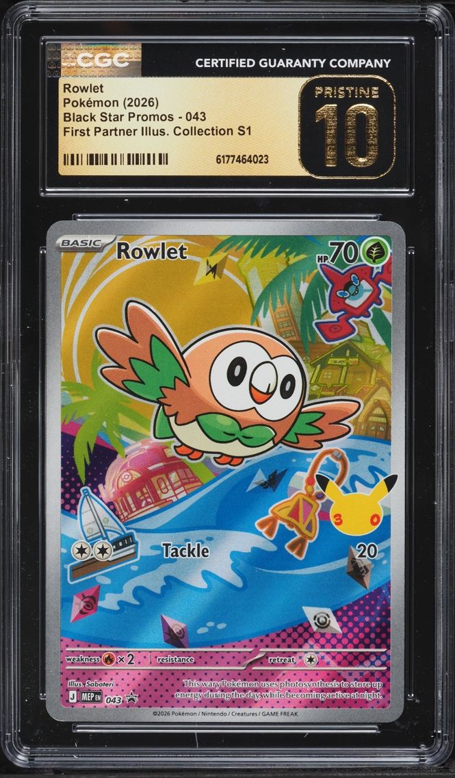 2026 Pokemon Mega Promo First Partner Illustration S1 Full Art Rowlet #43 CGC 10 PRISTINE