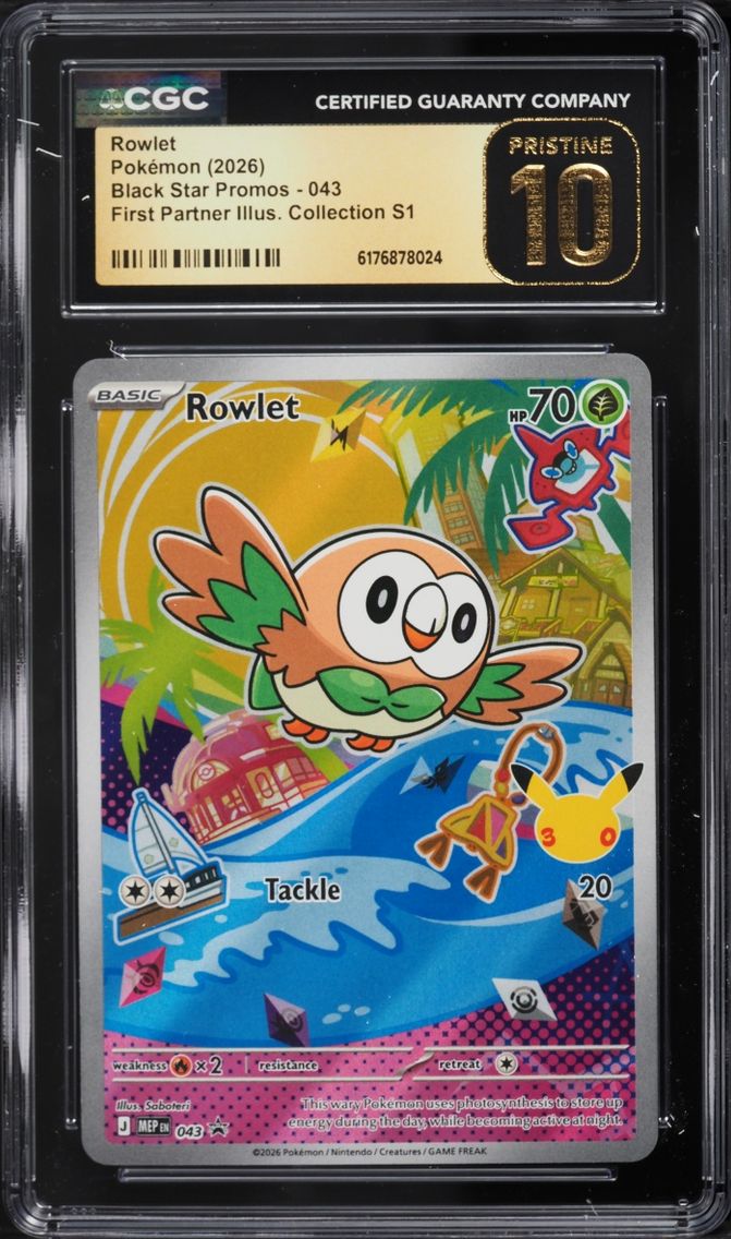 2026 Pokemon Mega Promo First Partner Illustration S1 Full Art Rowlet #43 CGC 10 PRISTINE