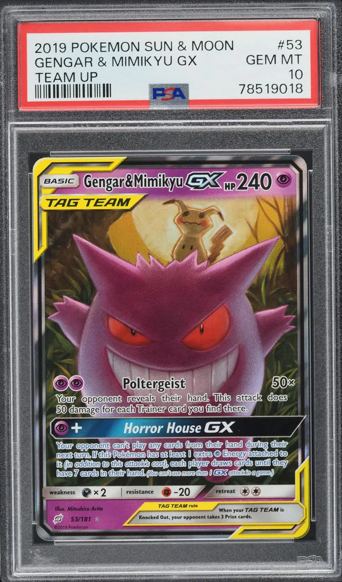 2019 #53 SUN & MOON TEAM UP GENGAR & MIMIKYU GX PSA 10 POKEMON