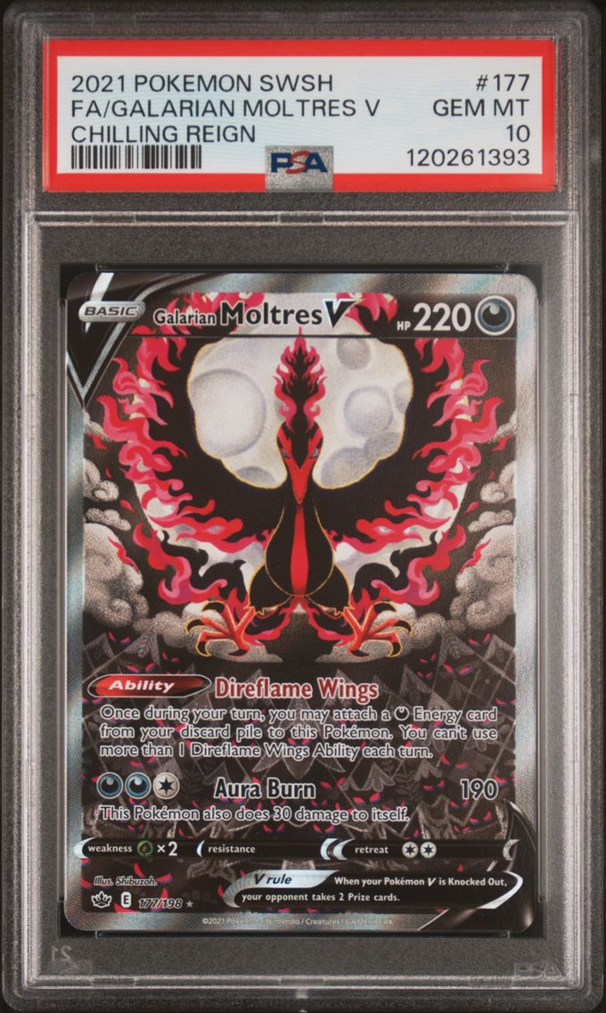 2021 #177 Full Art/Galarian Moltres V PSA 10 Sword & Shield Chilling Reign