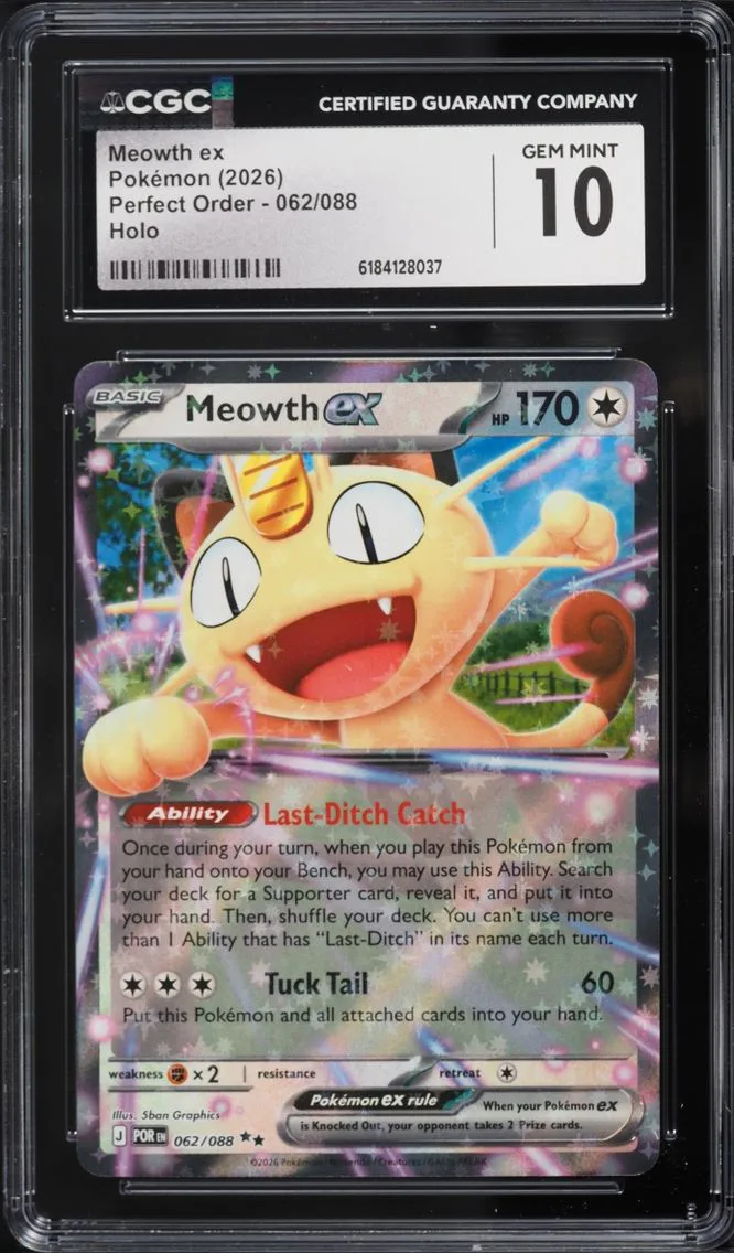 2026 #62 Meowth ex CGC 10 Pokemon Mega Evolution Perfect Order Holo