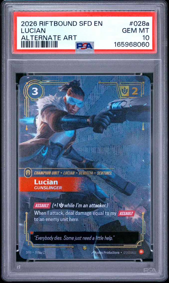 2026 #028a Lucian - Gunslinger PSA 10 Riftbound: League of Legends Sfd-Spiritforged
