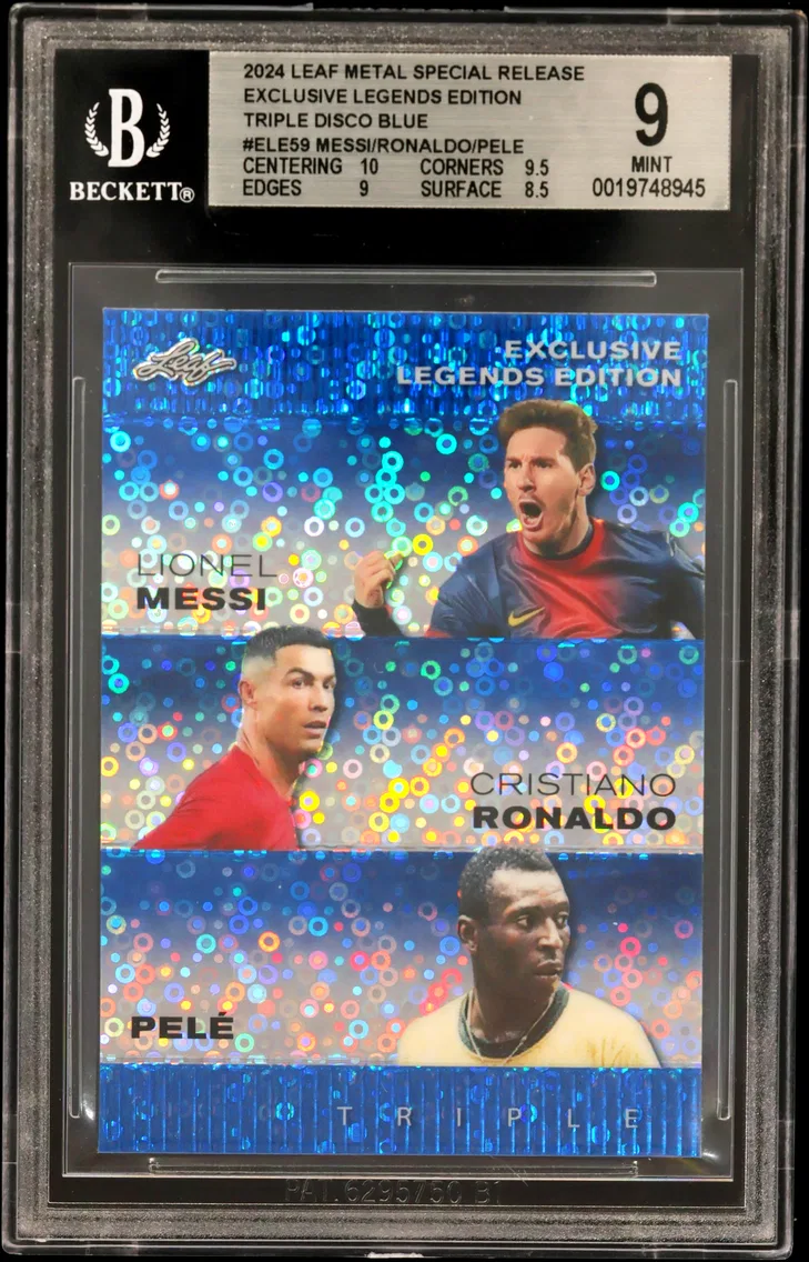 2024 #ELE59 Lionel Messi/Cristiano Ronaldo/Pele BGS 9 Leaf Metal Special Release Exclusive Legends Edition Triple Disco Blue