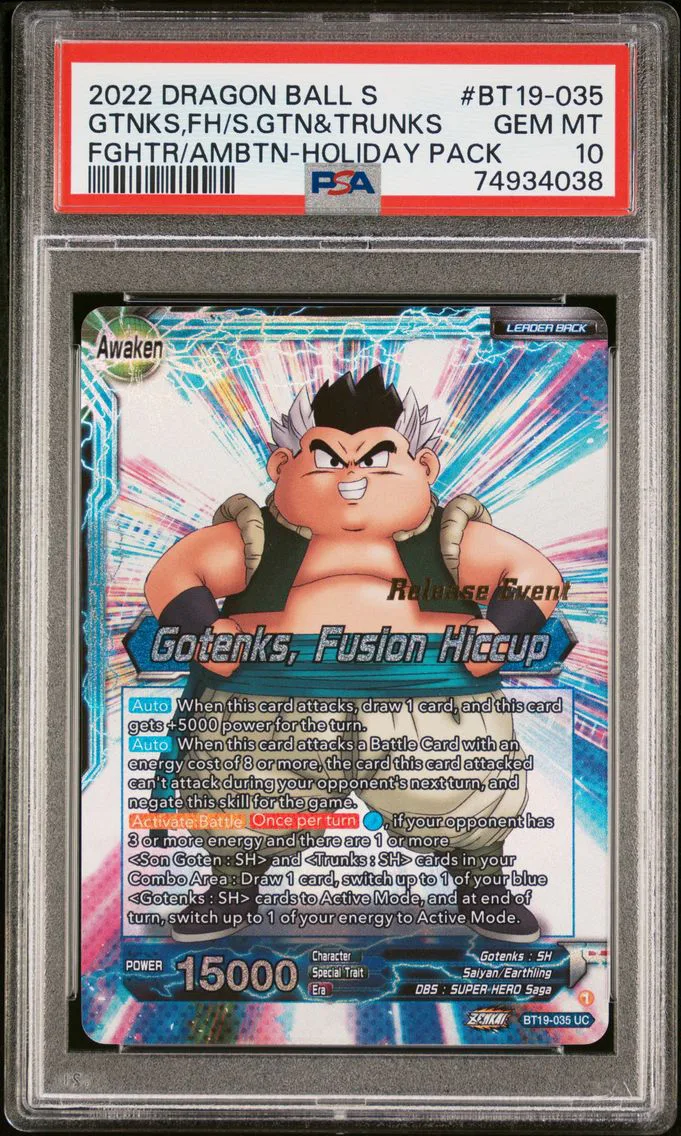 2022 #BT19-035 Gotenks, Fusion Hiccup/Son Goten & Trunks PSA 10 Dragon Ball Super Card Game Series 19 Fighter's Ambition Holiday Pack