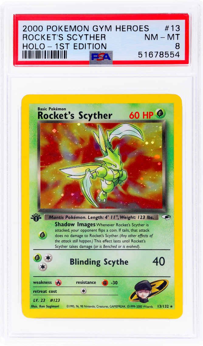 2000 #13 GYM HEROES 1ST EDITION HOLO ROCKET'S SCYTHER PSA 8 POKEMON