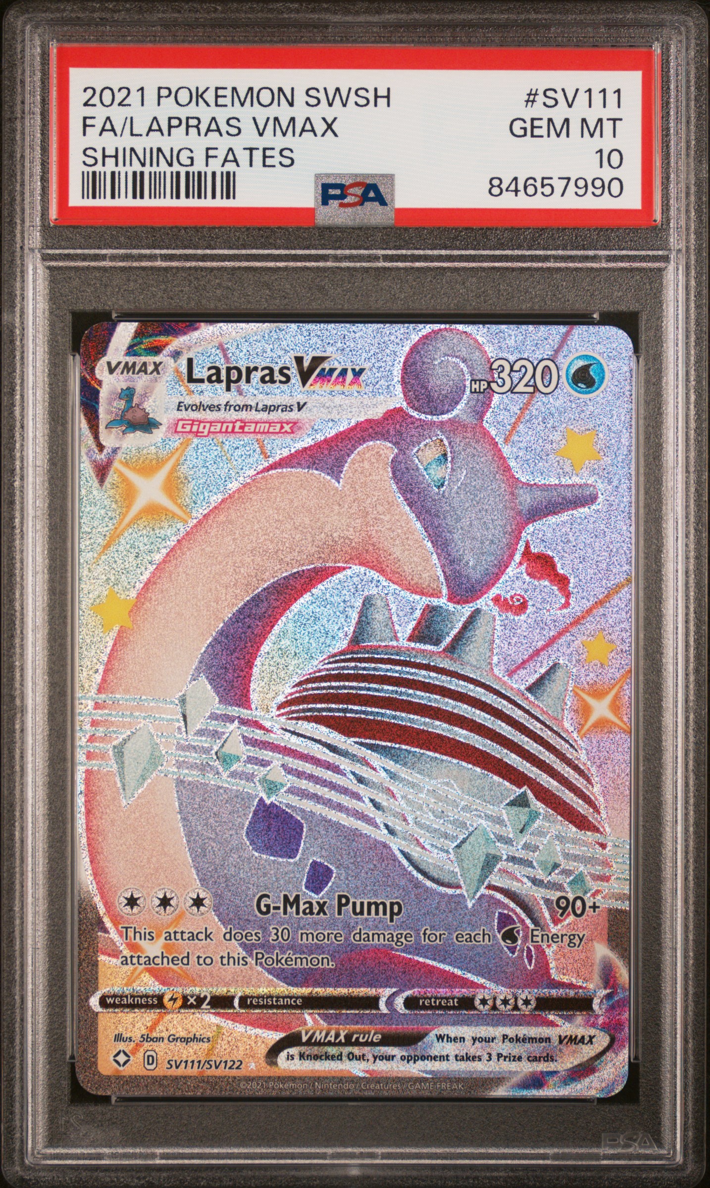 2021 #Sv111 Full Art/Lapras Vmax PSA 10 Sword & Shield Shining Fates