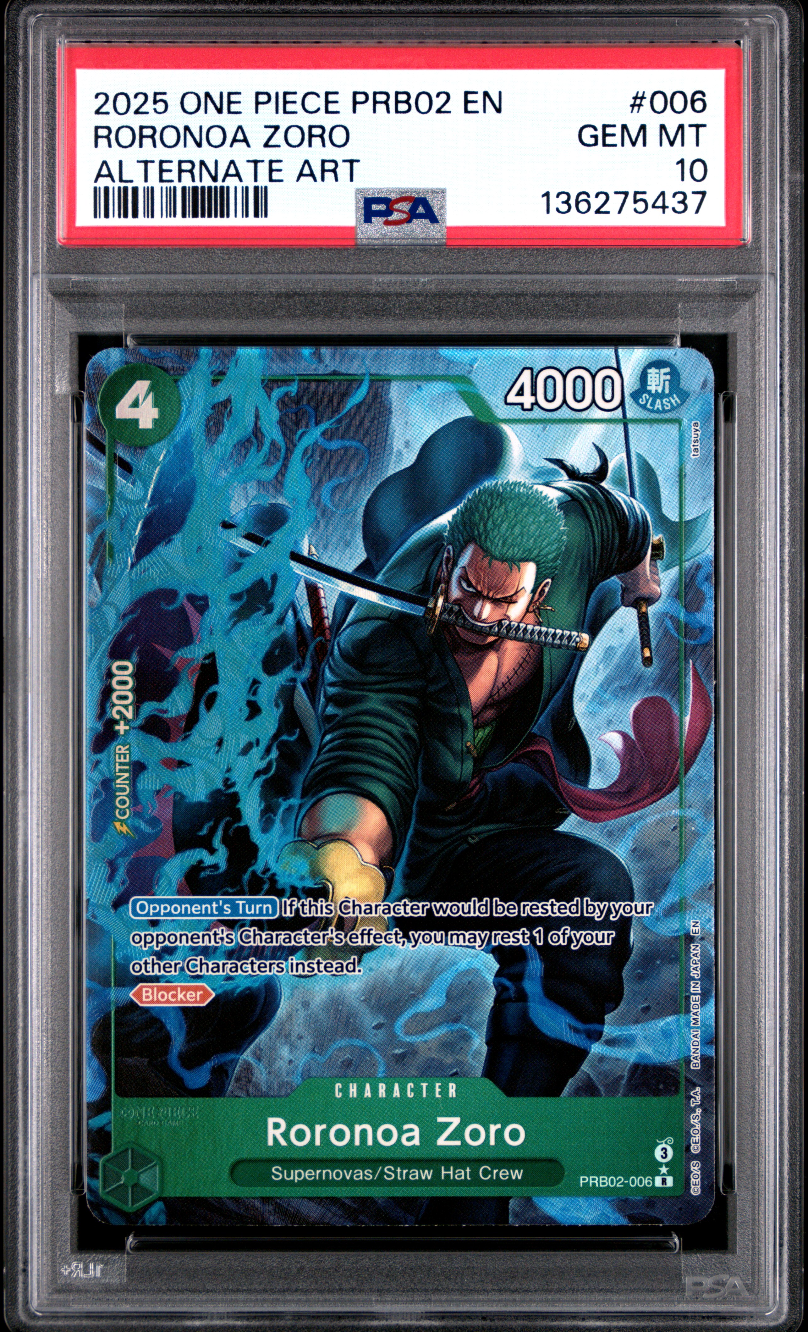 2025 #006 Roronoa Zoro PSA 10 One Piece Prb02-Premium Booster -One Piece Card The Best- Vol.2