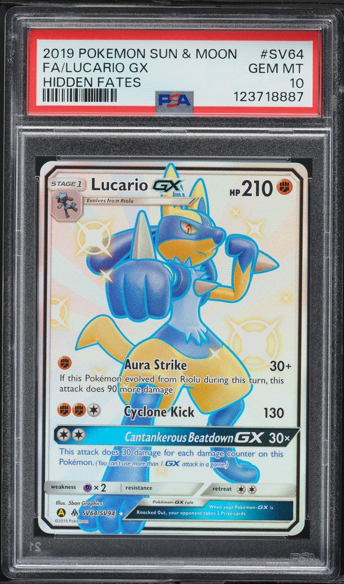 2019 #SV64 Full Art/Lucario GX PSA 10 Sun & Moon Hidden Fates Pokemon