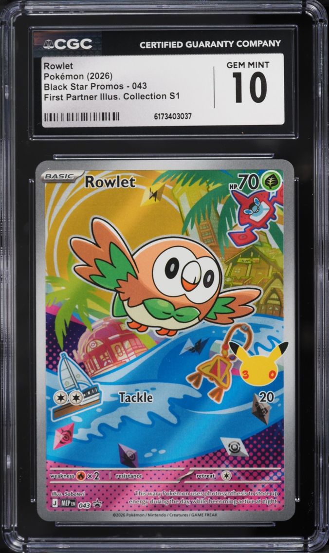 2026 Pokemon Mega Evolution Promo First Partner Illustration S1 Full Art Rowlet #43 CGC 10 GEM