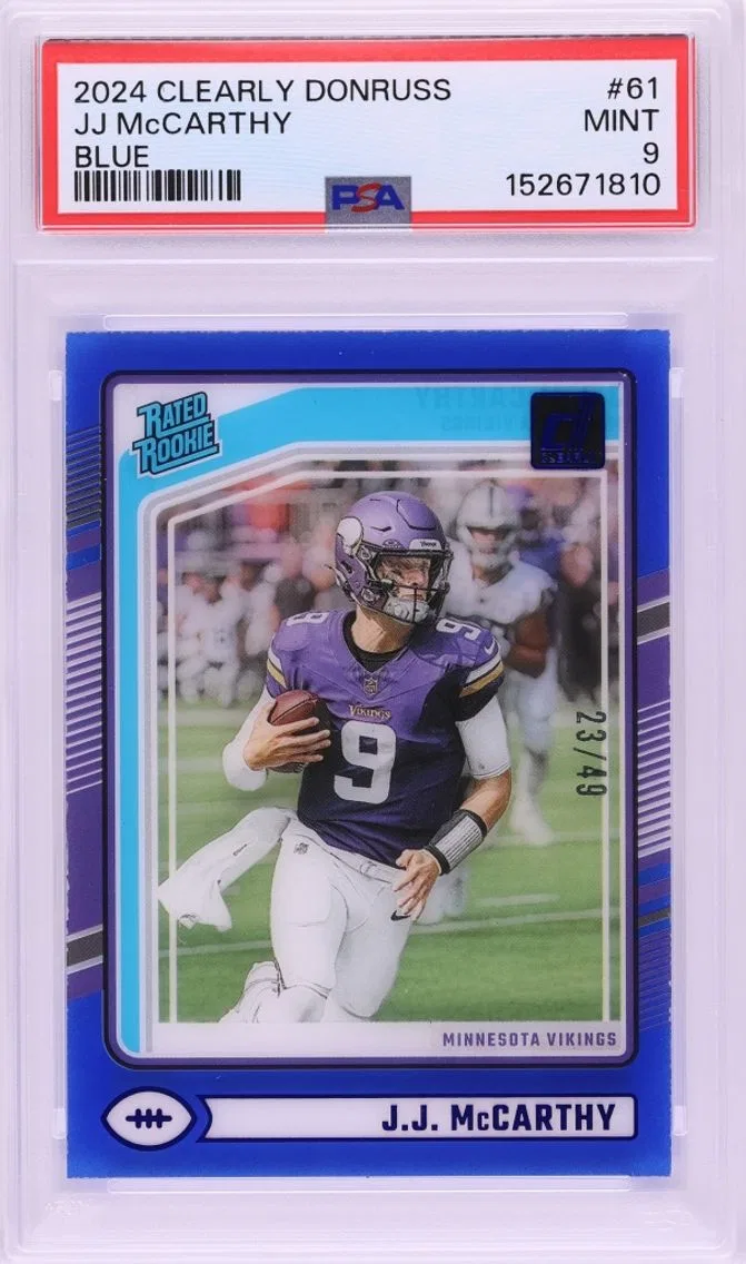 2024 #61 JJ McCarthy PSA 9 Panini Clearly Donruss Blue ROOKIE /49