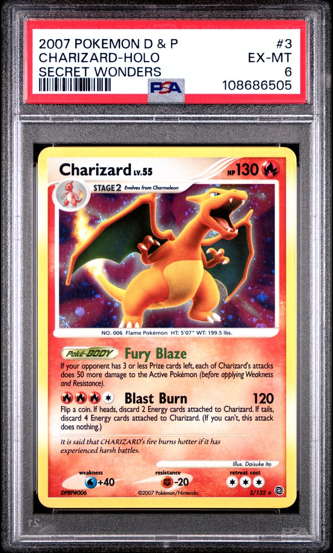 2007 #3 Charizard-Holo PSA 6 Diamond & Pearl Secret Wonders Pokemon