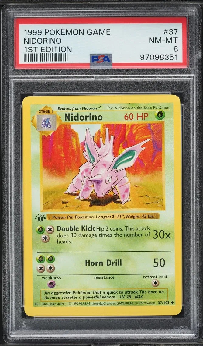 1999 #37 BASE SET SHADOWLESS 1ST EDITION NIDORINO PSA 8  POKEMON