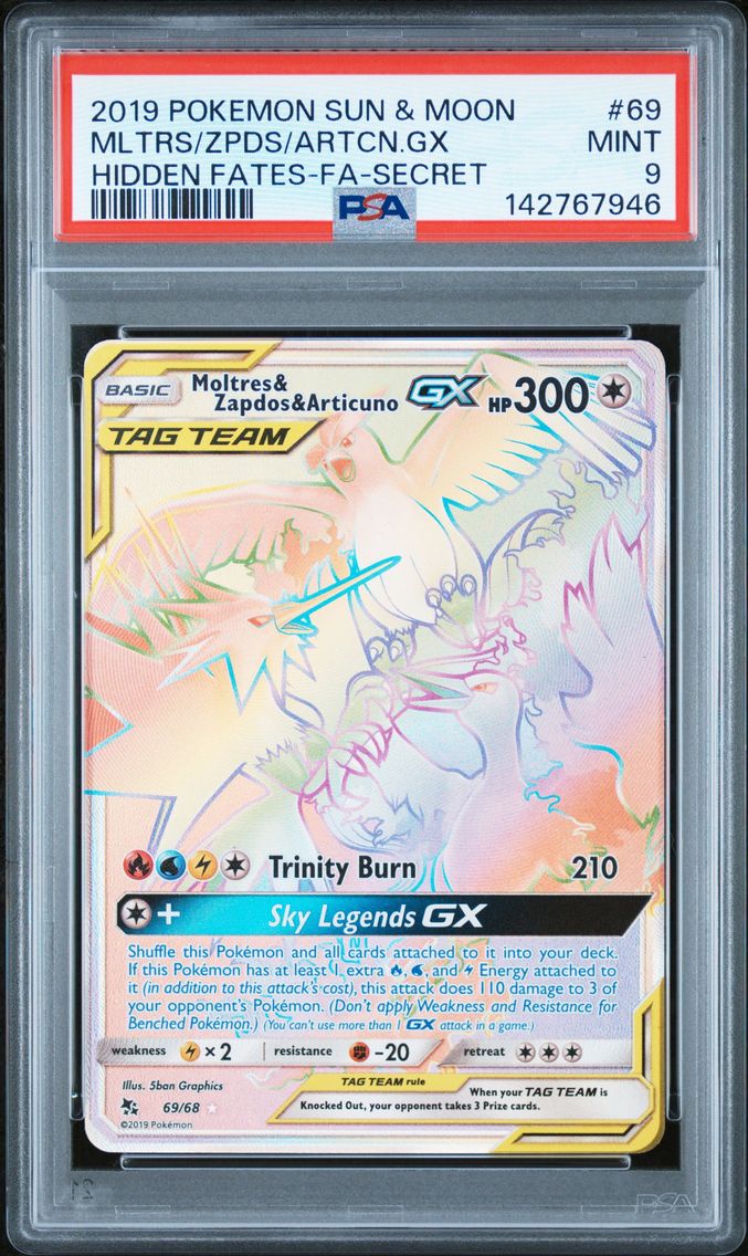 2019 #69 Full Art/Moltres & Zapdos & Articuno GX PSA 9 Sun & Moon Hidden Fates Pokemon