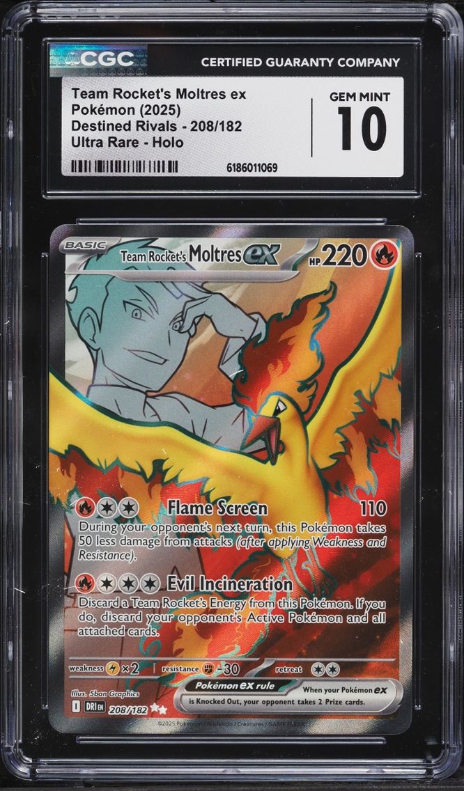 2025 #208 Team Rocket's Moltres EX CGC 10 Pokemon Scarlet & Violet Destined Rivals Full Art