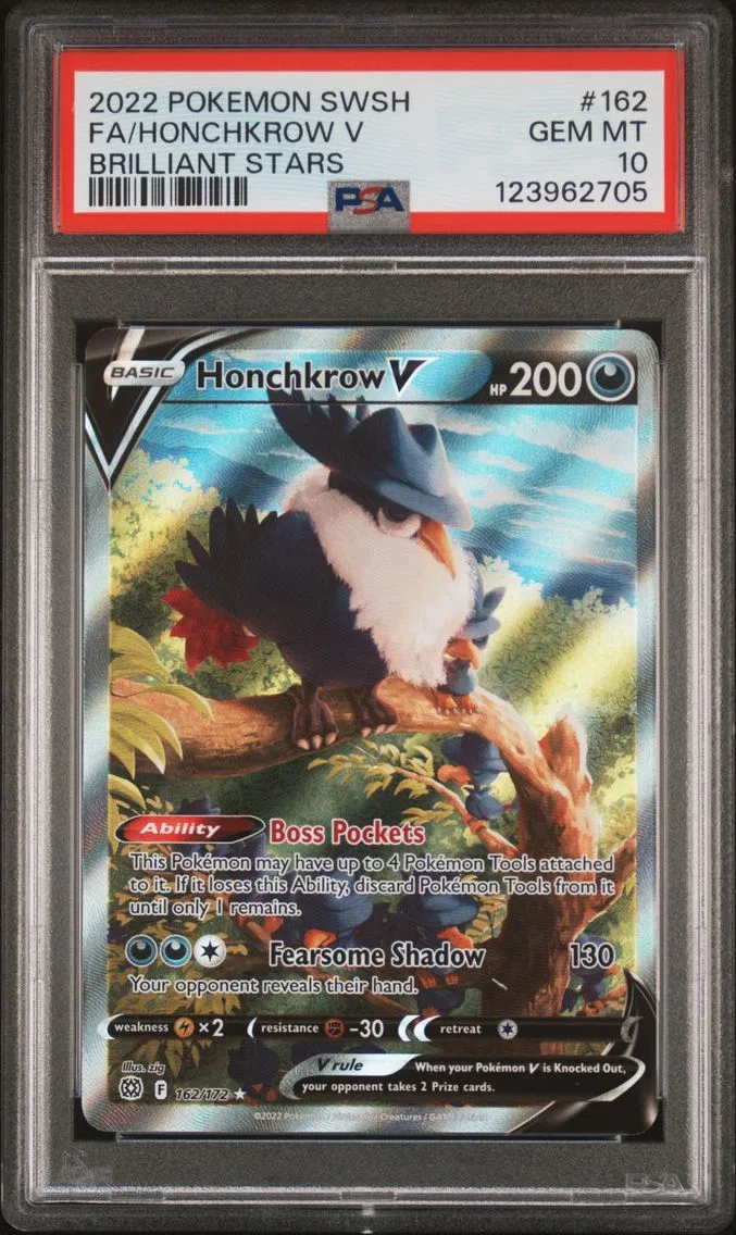 2022 Pokemon Sword & Shield Brilliant Stars Full Art/Honchkrow V Sword & Shield Brilliant Stars #162 PSA 10