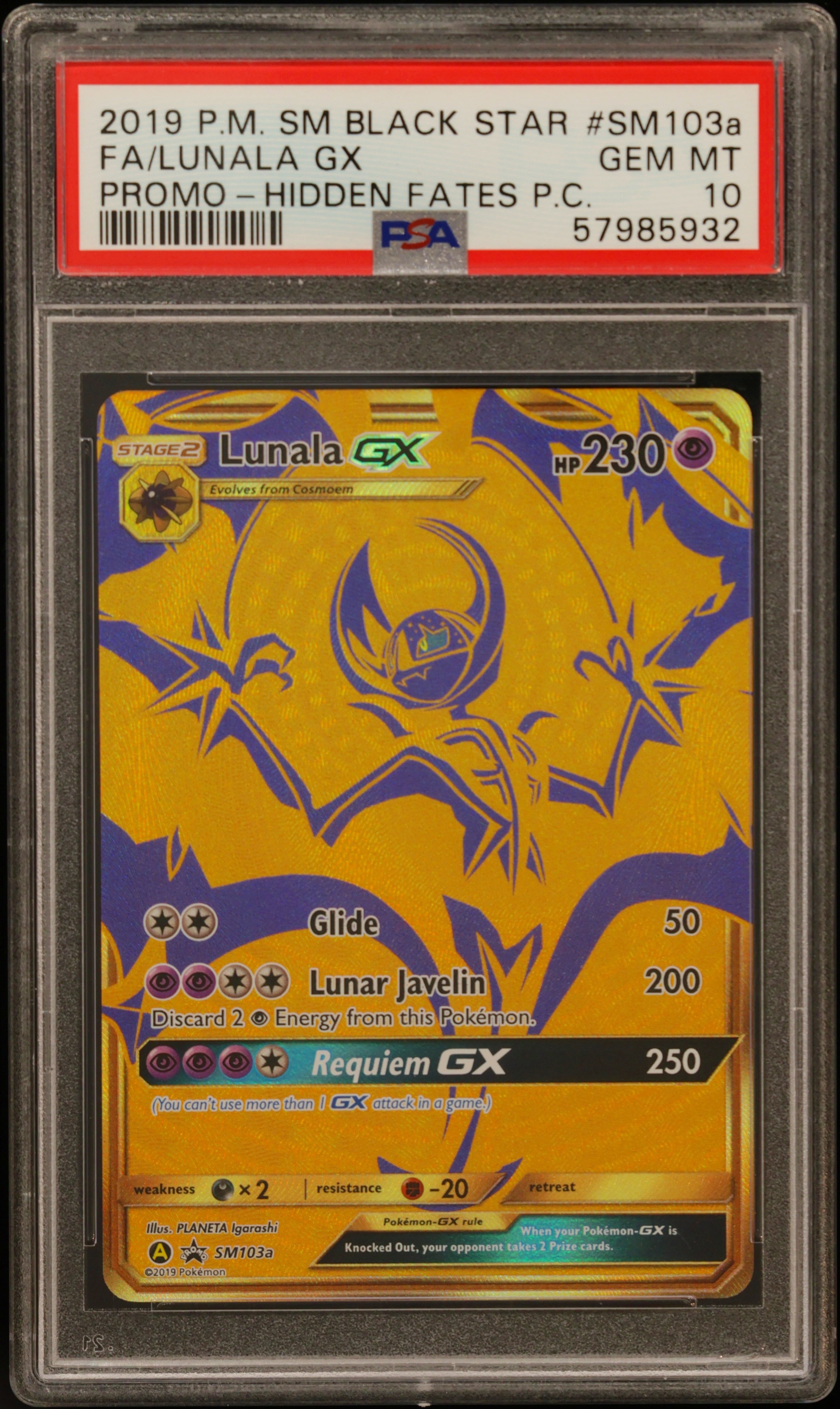 2019 #Sm103a Full Art/Lunala Gx PSA 10 Sm Black Star Promo