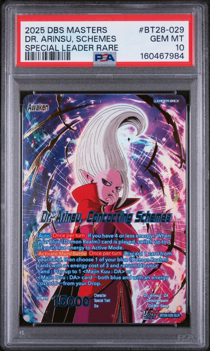2025 #BT28-029 DR. Arinsu/DR. Arinsu, Concocting Schemes PSA 10 Dragon Ball Super Card Game Masters Series 28 Prismatic Clash