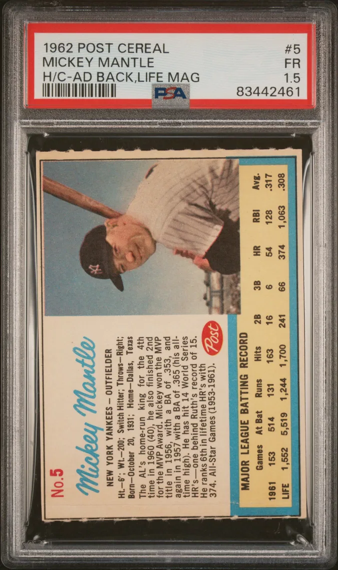 1962 #5 Mickey Mantle PSA 15 Post Cereal