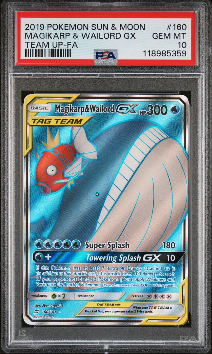 2019 #160 Full Art/Magikarp & Wailord GX PSA 10 Sun & Moon Team Up Pokemon