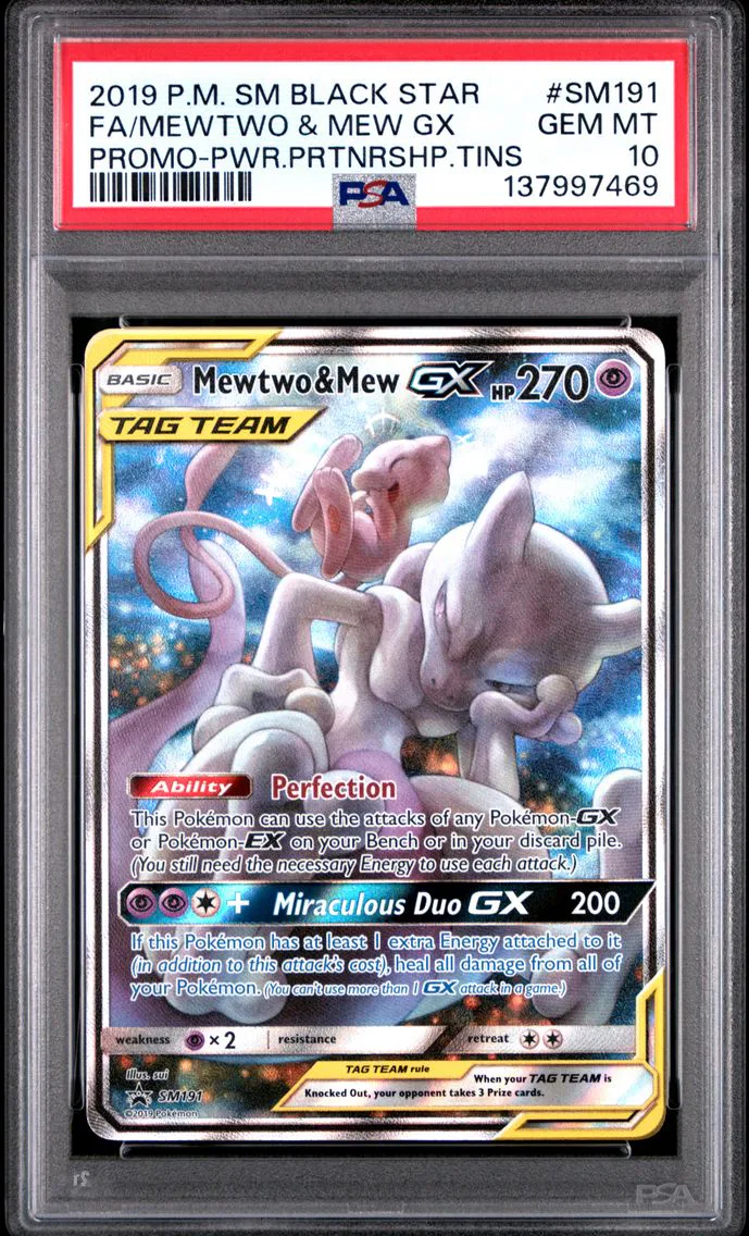 2019 #SM191 Full Art/Mewtwo & Mew GX PSA 10 SM Black Star Promo