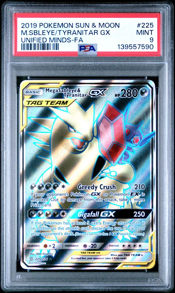 2019 #225 Full Art/Mega Sableye & Tyranitar GX PSA 9 Sun & Moon Unified Minds Pokemon