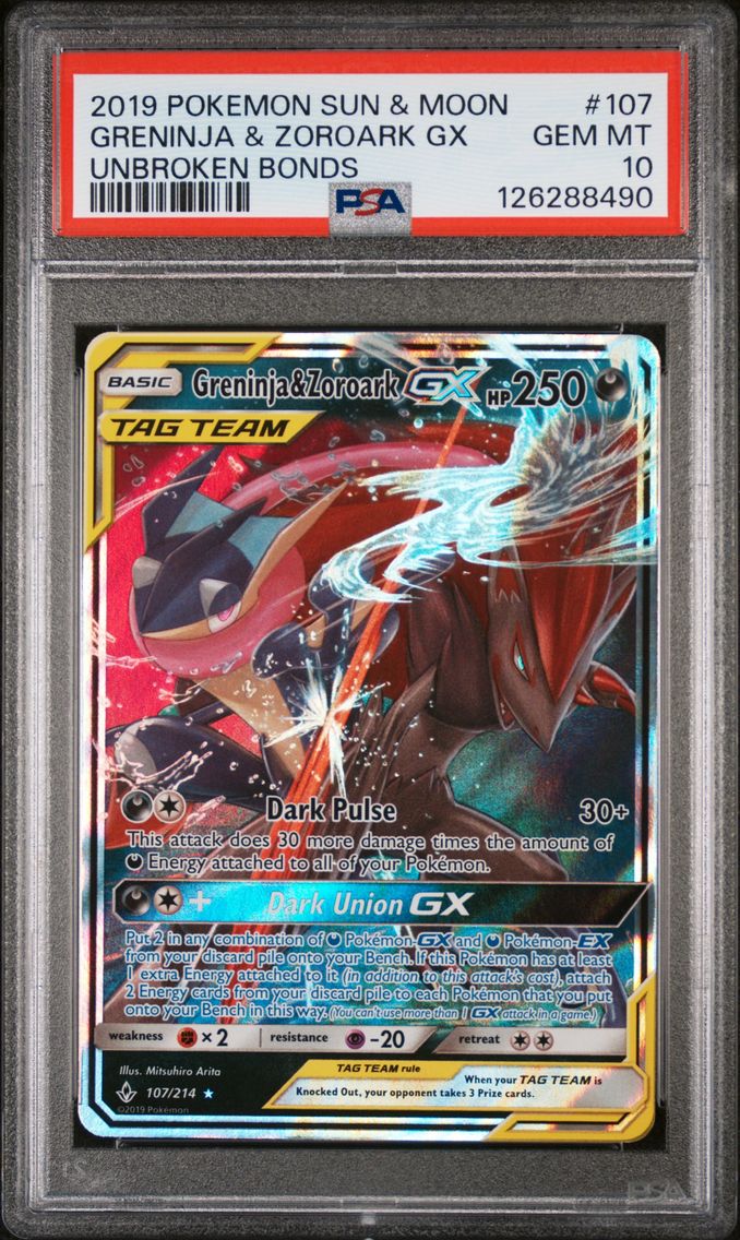 2019 #107 Greninja & Zoroark GX PSA 10 Sun & Moon Unbroken Bonds