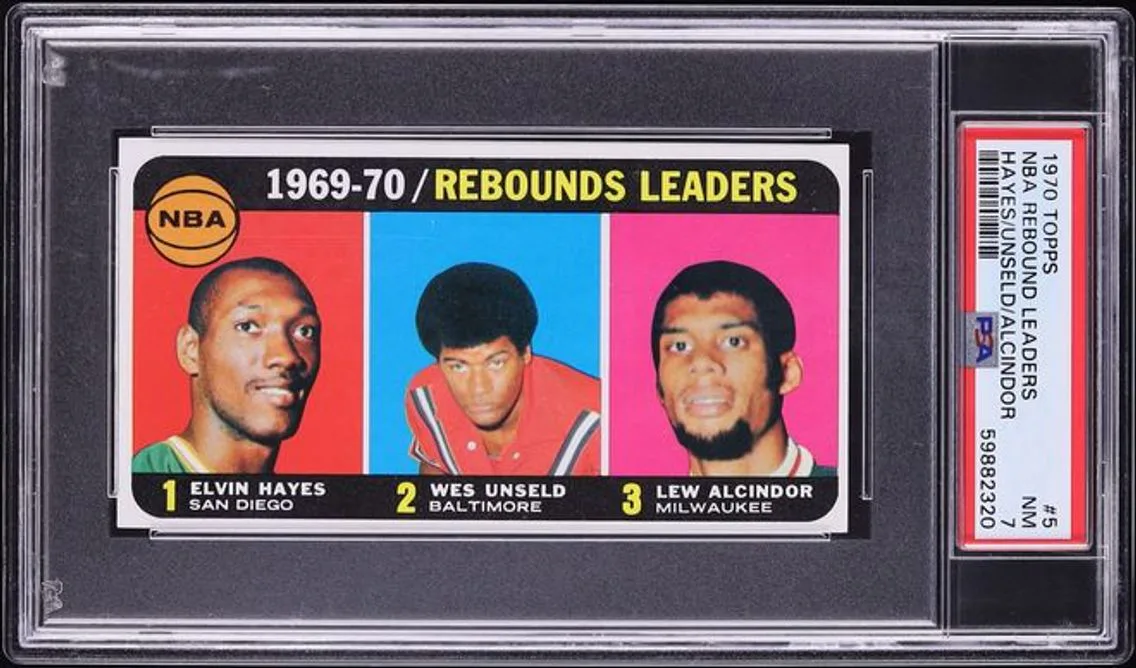 1970 Topps Basketball Elvin Hayes Wes Unseld Lew Alcindor REBOUND LEADERS #5 PSA 7 NRMT