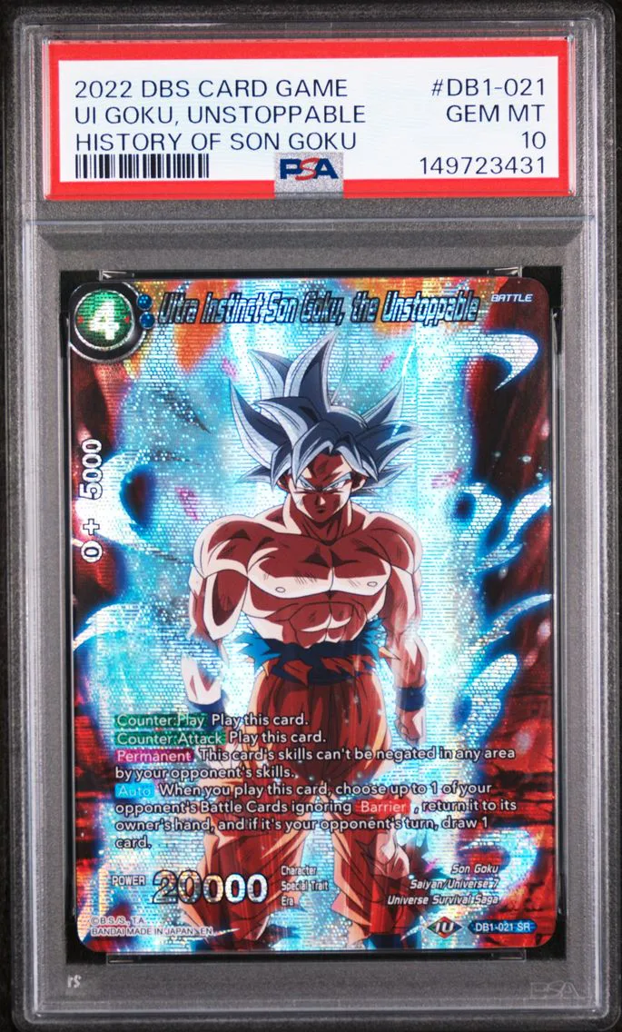 2022 #DB1-021 Ultra Instinct Son Goku, the Unstoppable PSA 10 Dragon Ball Super Card Game Theme Selection History of Son Goku