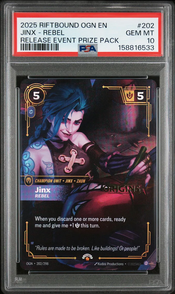 2025 #202 Jinx - Rebel PSA 10 Riftbound: League of Legends Ogn-Origins
