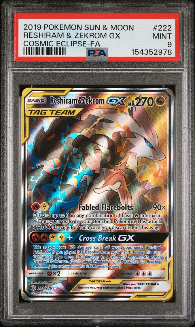 2019 #222 Full Art/Reshiram & Zekrom GX PSA 9 Sun & Moon Cosmic Eclipse