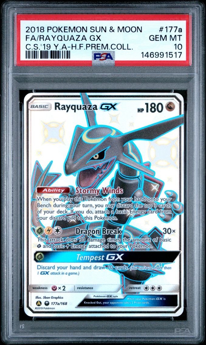 2018 #177a Full Art/Rayquaza GX PSA 10 Sun & Moon Celestial Storm