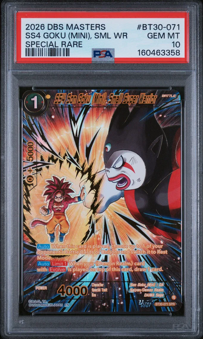 2026 #BT30-071 SS4 Son Goku (Mini), Small Super Warrior PSA 10 Dragon Ball Super Card Game Masters Series 30 Three Glorious Fighters