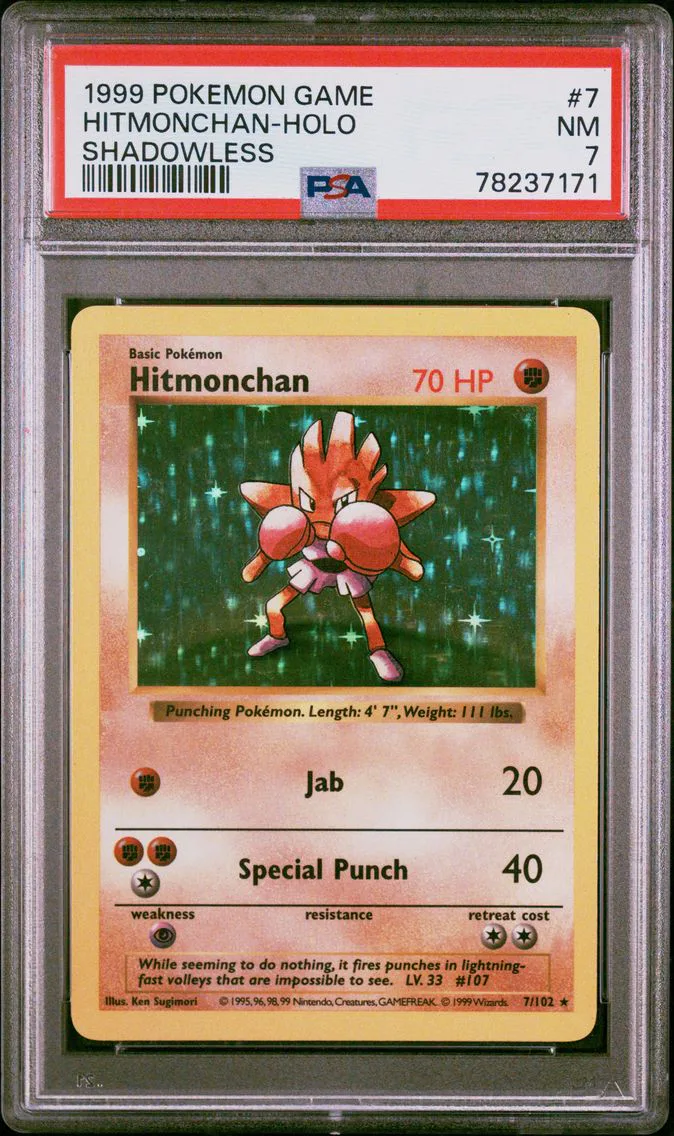 1999 #7 Hitmonchan-Holo Shadowless PSA 7 Game