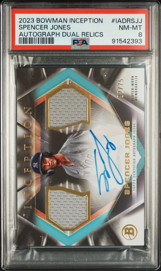 2023 #IADRSJJ SPENCER JONES PSA 8 Bowman Inception Autograph Dual Relics