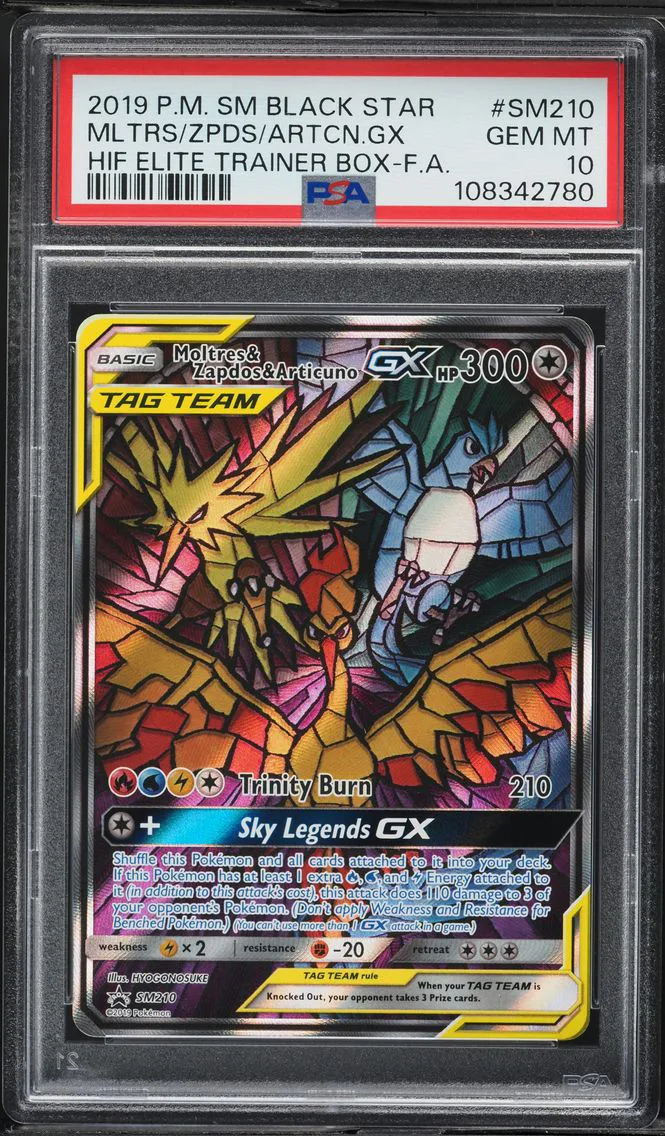 2019 #SM210 Full Art/Moltres & Zapdos & Articuno GX PSA 10 SM Black Star Promo Pokemon