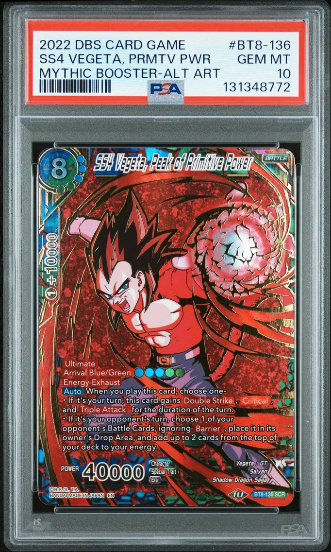 2022 #BT8-136 SS4 Vegeta, Peak of Primitive Power PSA 10 Dragon Ball Super Card Game Mythic Booster
