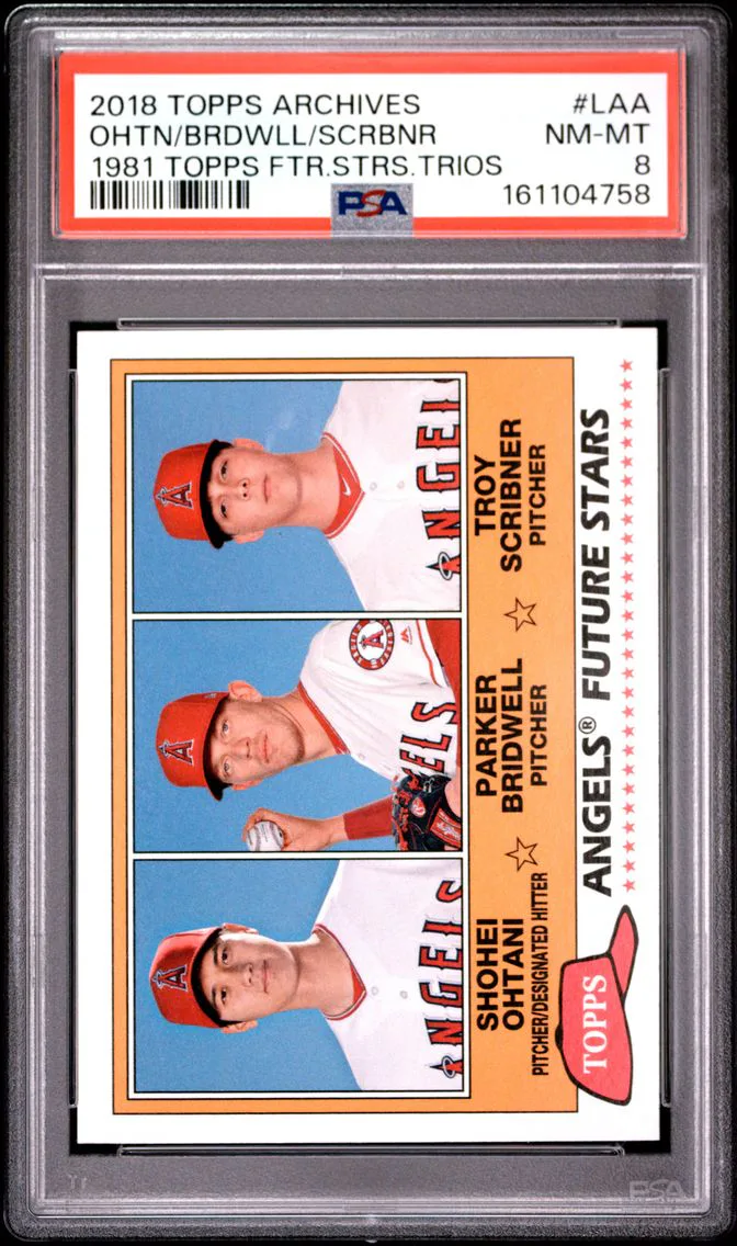 2018 #LAA Parker Bridwell/Shohei Ohtani/Troy Scribner PSA 8 Topps Archives 1981 Topps Future Stars Trios