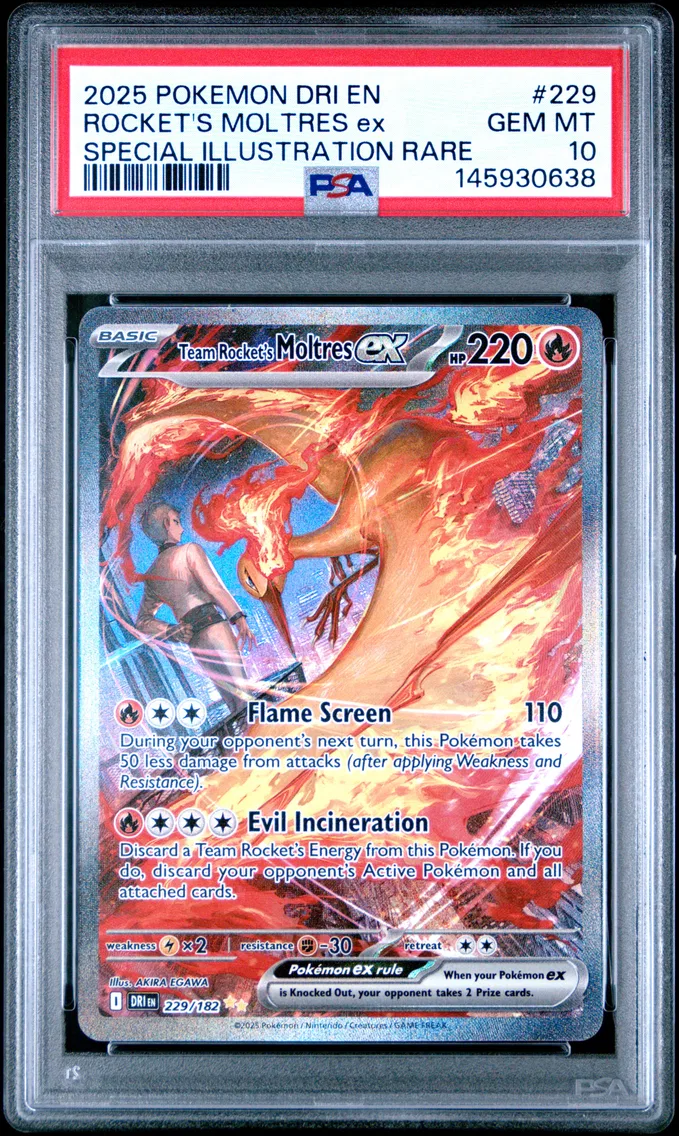 2025 #229 Team Rocket's Moltres EX PSA 10 Dri EN-Destined Rivals