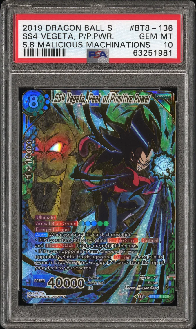 2019 #BT8-136 SS4 Vegeta, Peak of Primitive Power PSA 10 Dragon Ball Super Card Game Series 8 Malicious Machinations