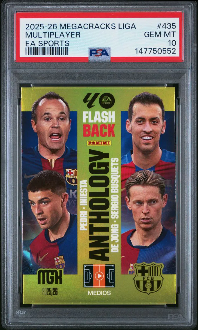 2025 #435 De Jong/Iniesta/Pedri/Sergio Busquets PSA 10 Panini Megacracks Mgk Laliga EA Sports